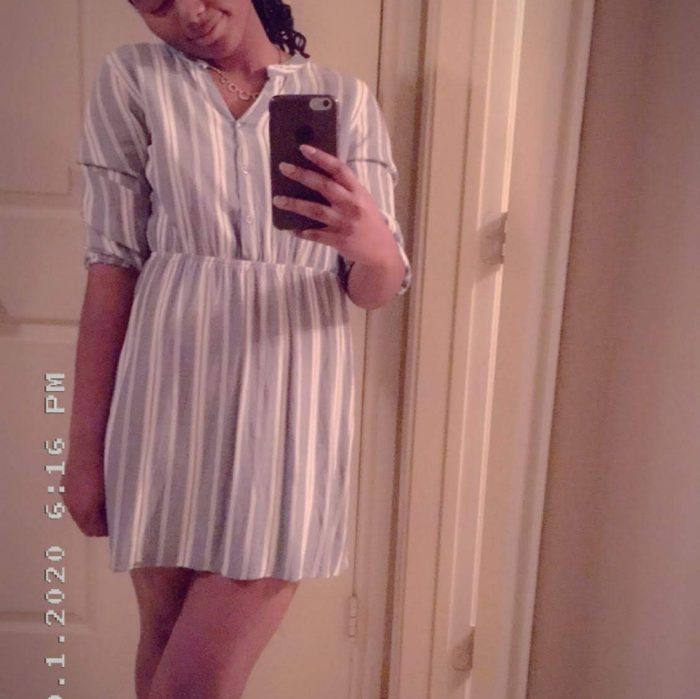 Blue and white striped dress
